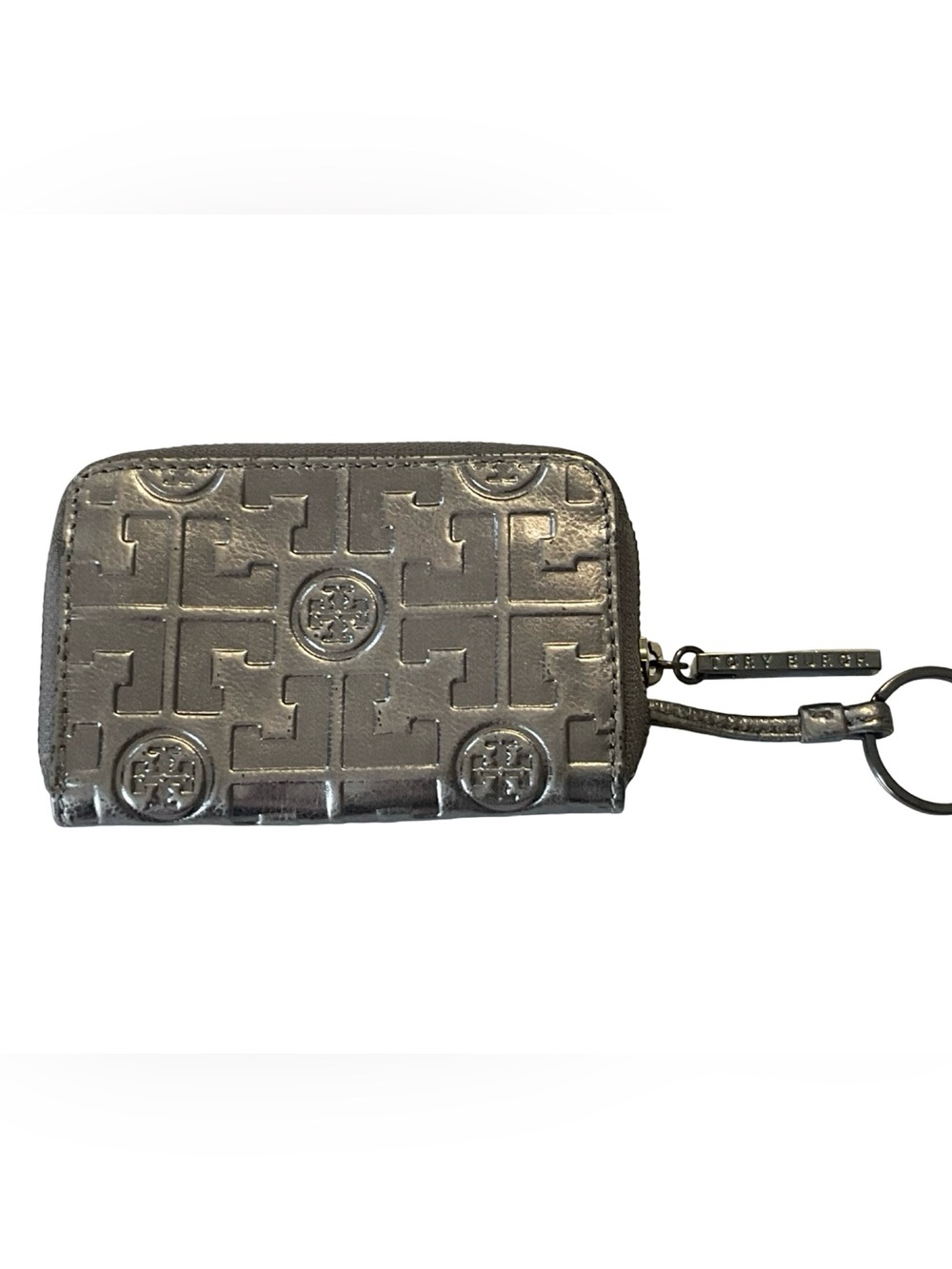 Tory Burch Metallic Silver Embossed Logo Zip Card Case Wallet With Keyring - Picture 6 of 6